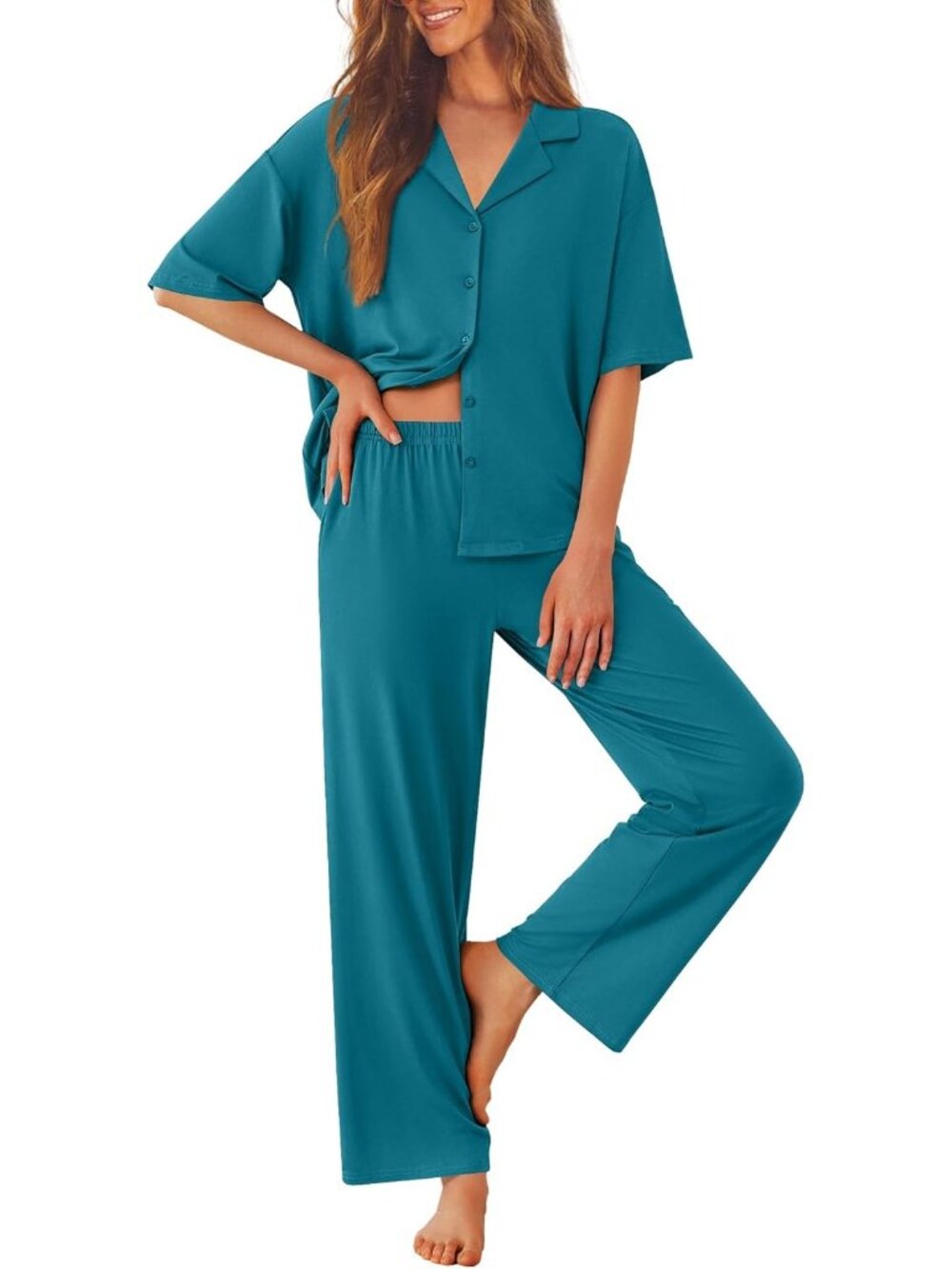 Women Blue Green Notch Lapel Short Sleeve Shirt Sleepwear with Long Pajamas Set